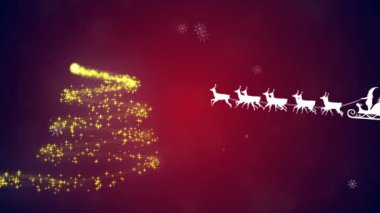 Yılbaşı ağacı oluşturan kayan yıldıza karşı ren geyikleri tarafından çekilen kızaklı Noel Baba. Noel şenliği ve kutlama konsepti