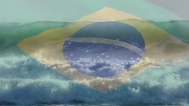 Denizde dalgalara karşı Brezilya bayrağı sallamanın dijital bileşimi. Ulusal turizm ve seyahat kavramı