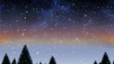 Kış manzarasında köknar ağaçlarıyla yağan kar animasyonu. Noel, gelenek ve kutlama konsepti dijital olarak oluşturuldu.