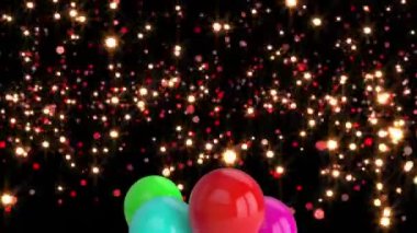 Parlayan ışıkların üzerinde uçan renkli balonların animasyonu. Yeni yıl partisi, noel ve kutlama konsepti dijital olarak oluşturulmuş video.