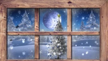 Kışın beyaz Noel ağacının üzerine düşen kar tanelerine karşı ahşap pencere çerçevesi. Noel şenliği ve kutlama konsepti