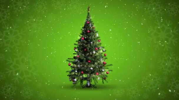 Animation Snow Falling Christmas Tree Green Background Christmas Winter Tradition — Stock Video