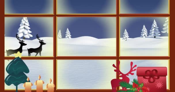 Animatie Van Kerstman Slee Met Rendieren Gezien Door Het Raam — Stockvideo