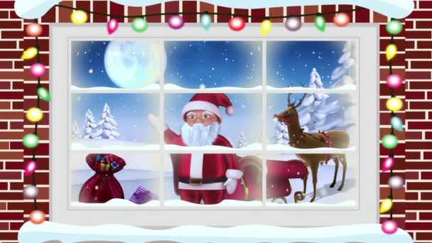 Animazione Della Scena Natalizia Invernale Con Babbo Natale Visto Attraverso — Video Stock