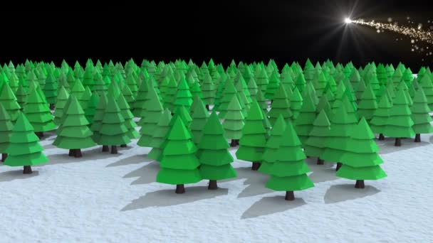 Meerdere Bomen Winterlandschap Tegen Vallende Ster Zwarte Achtergrond Kerstfeest Viering — Stockvideo