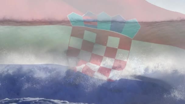 Cyfrowa Kompozycja Falującej Chorwackiej Flagi Przeciwko Falom Morzu Krajowa Koncepcja — Wideo stockowe