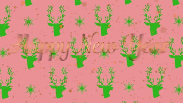 Animatie Van Gelukkige Nieuwjaarstekst Kerstrendier Patroon Roze Achtergrond Kerstmis Winter — Stockvideo
