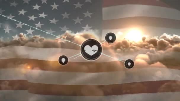 Сеть Цифровых Икон Над Размахивая Нам Флагом Против Облаков Небе — стоковое видео