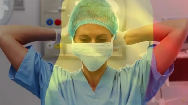 手术室里飘扬着飘扬在麻醉师面前摇曳的罗马国旗 全球医学 围产期保健服务 数码制作的19种流行病概念视频 — 图库视频影像