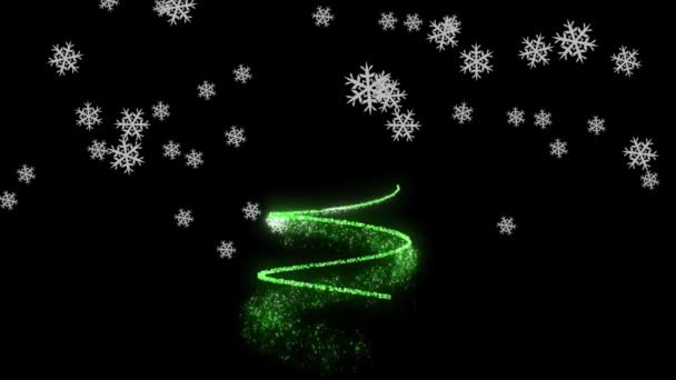 Animación Nieve Cayendo Sobre Árbol Navidad Neón Sobre Fondo Negro — Vídeos de Stock