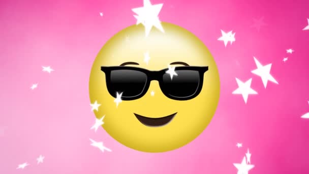 Animatie Van Witte Sterren Bewegen Knipogende Emoji Zonnebril Roze Achtergrond — Stockvideo
