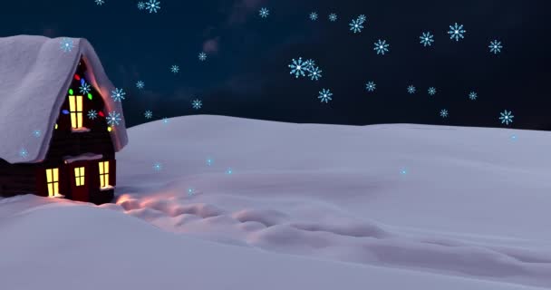 Płatki Śniegu Spadające Nad Domem Zimowym Krajobrazie Niebieskim Tle Koncepcja — Wideo stockowe