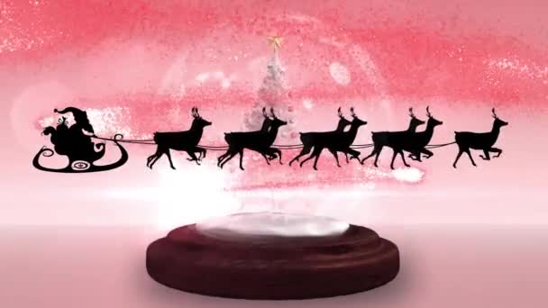 Анимация Санта Клауса Санях Оленями Над Снежным Шаром Красном Фоне — стоковое видео