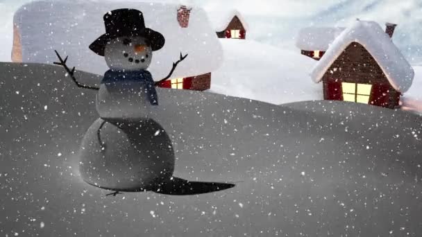 Animation Chutes Neige Sur Bonhomme Neige Souriant Dans Paysage Hivernal — Video