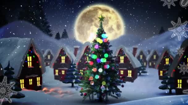 Animación Nieve Cayendo Santa Claus Trineo Con Renos Moviéndose Sobre — Vídeos de Stock