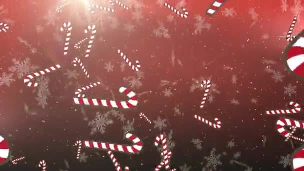 雪花和许多糖果图标落在红色背景的灯光下 圣诞节的庆祝和庆祝概念 — 图库视频影像