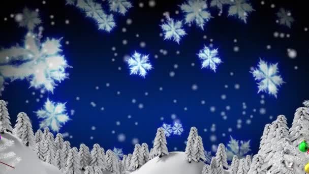 Κινούμενα Σχέδια Χιονιού Που Πέφτουν Πάνω Από Χριστουγεννιάτικα Δέντρα Και — Αρχείο Βίντεο