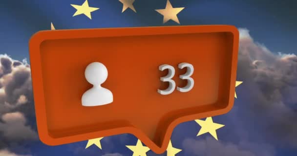 人々のアニメーションは 欧州連合の旗と雲と音声バブル上の数字とアイコン 世界中のソーシャルメディアやコミュニケーションの概念は — ストック動画
