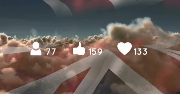 イギリスの旗で雲の上に数字を持つソーシャルメディアのアイコンのアニメーション 世界中のソーシャルメディアやコミュニケーションの概念は — ストック動画