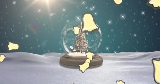 Animazione Delle Campane Natale Che Cadono Sul Globo Neve Con — Video Stock