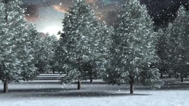 Neve Che Cade Più Alberi Sul Paesaggio Invernale Contro Nuvole — Video Stock