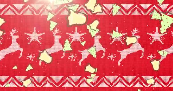 多棵圣诞树和钟的图标与传统的圣诞节图案和驯鹿相抗衡 圣诞节的庆祝和庆祝概念 — 图库视频影像