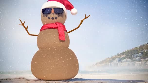 冬の田園風景の中でサングラスをかけた雪だるまの上に降る雪のアニメーション クリスマス 伝統とお祝いのコンセプトデジタルで生成されたビデオ — ストック動画