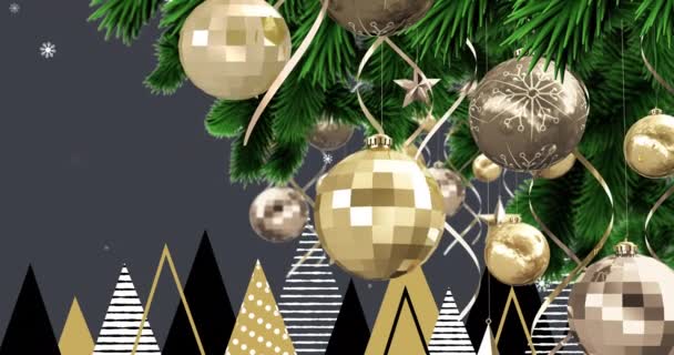 Decoração Bauble Pendurado Ramo Árvore Natal Contra Ícones Árvore Natal — Vídeo de Stock