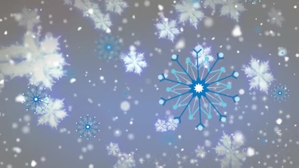 Animación Digital Caída Nieve Múltiples Iconos Copos Nieve Flotando Sobre — Vídeo de stock