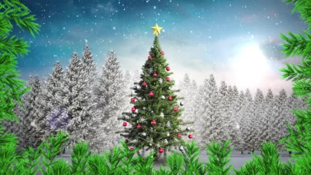 Drzewo Gałąź Wesoły Bożonarodzeniowy Tekst Nad Choinka Zimowy Krajobraz Przeciw — Wideo stockowe
