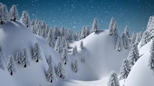 Schnee Fällt Über Mehrere Bäume Der Winterlandschaft Vor Blauem Himmel — Stockvideo