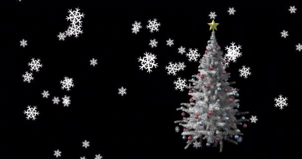 Animazione Neve Che Cade Sopra Albero Natale Sfondo Scuro Natale — Video Stock
