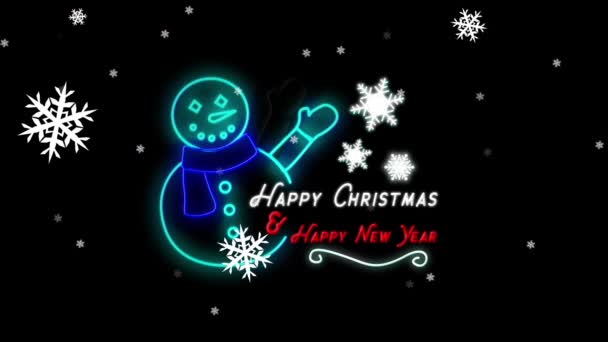 ネオンの装飾と黒の背景に幸せなクリスマスのテキストに落ちる雪のアニメーション クリスマス お祝いのコンセプトをデジタルで — ストック動画