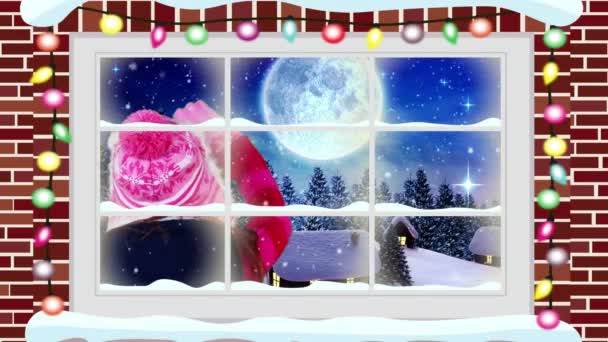 Animación Paisajes Invernales Con Niña Saludando Santa Trineo Con Renos — Vídeo de stock