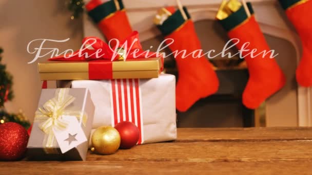 Animación Texto Saludo Alemán Sobre Decoraciones Navideñas Navidad Tradición Concepto — Vídeos de Stock