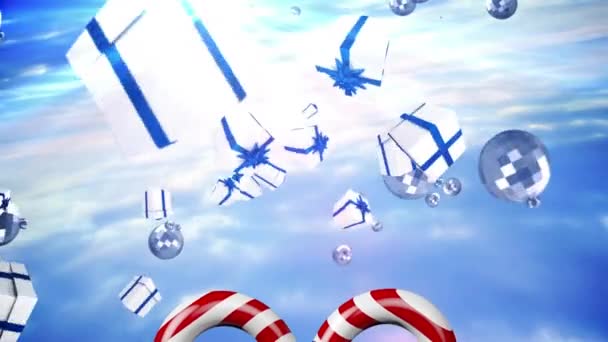 Animatie Van Vallende Cadeaus Snoepstokken Aan Blauwe Hemel Kerstmis Traditie — Stockvideo