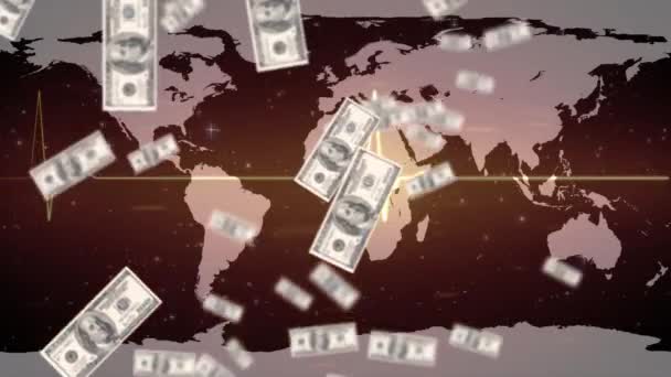 Animation American Dollar Banknotes Floating Heart Rate Monitor World Map — Stock Video