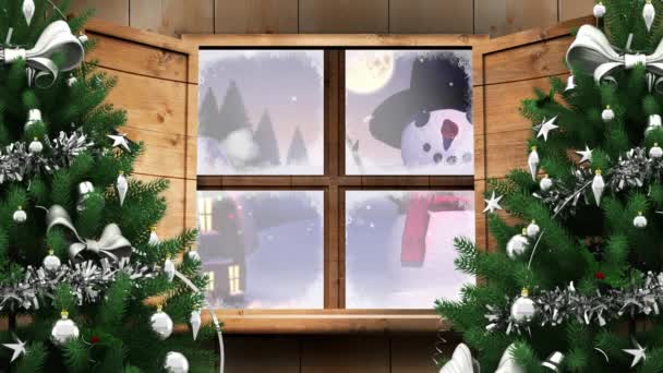 Animation Winter Christmas Scene House Snowman Santa Sleigh Seen Window — Stock Video