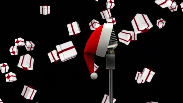 고전적 마이크에 모자의 애니메이션 크리스마스와 배경에 떨어지는 크리스마스 디지털 비디오 — 비디오