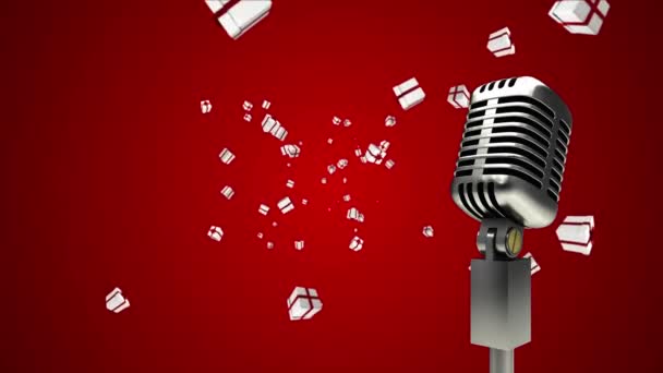 Kırmızı Arka Plana Düşen Yılbaşı Hediyeli Klasik Mikrofon Animasyonu Noel — Stok video