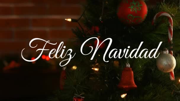 Animación Los Saludos Navideños Españoles Sobre Árbol Navidad Con Adornos — Vídeos de Stock