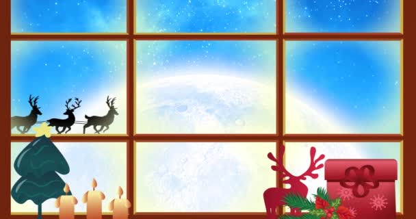 Animation Des Weihnachtsmannes Schlitten Mit Rentieren Aus Dem Fenster Gesehen — Stockvideo