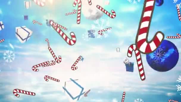 Анимация Падающего Рождественского Тростника Над Огнями Снежинками Синем Фоне Рождество — стоковое видео