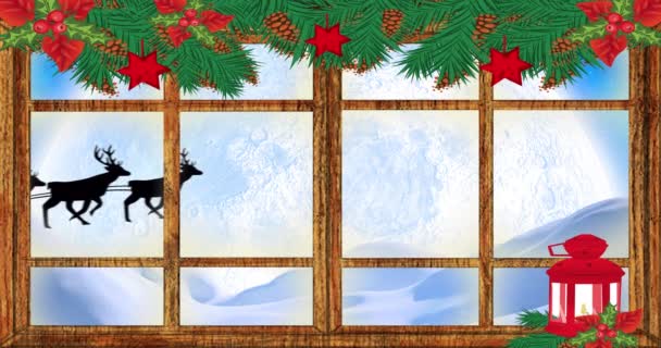 Pencereden Görülen Ren Geyikleriyle Noel Baba Nın Kızakta Canlandırması Noel — Stok video