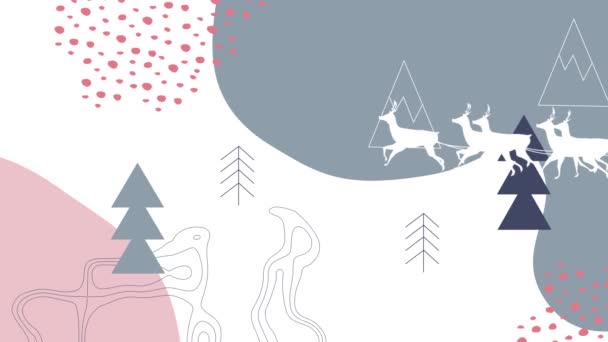 Noel Baba Nın Kızakta Ren Geyikleriyle Birlikte Kış Manzarası Üzerindeki — Stok video