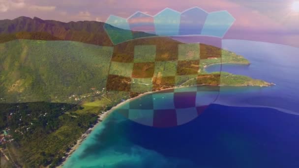 Digitális Összetétele Hullámzó Horvát Zászló Ellen Légi Kilátás Nyílik Tengerre — Stock videók