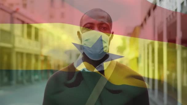 Animation Flaggan Ghana Viftar Över Mannen Bär Ansiktsmask Covid Pandemi — Stockvideo