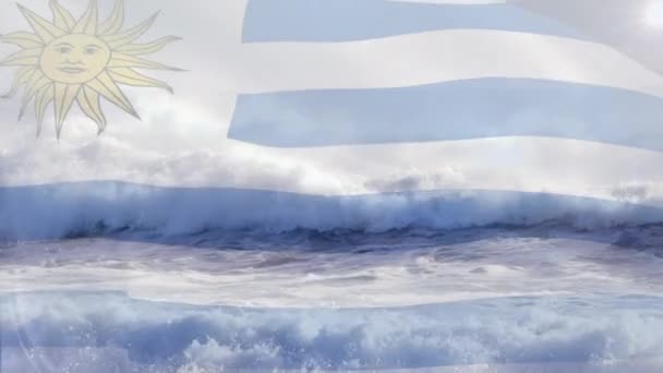 Composition Numérique Drapeau Uruguay Agitant Contre Les Vagues Dans Mer — Video
