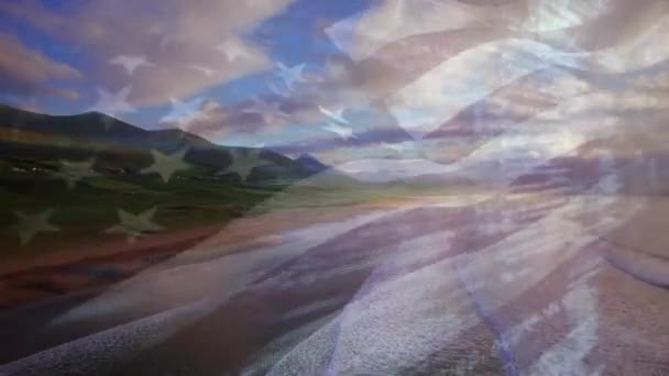 Komposisi Digital Melambai Lambaikan Bendera Melawan Pandangan Udara Pantai Dan — Stok Video