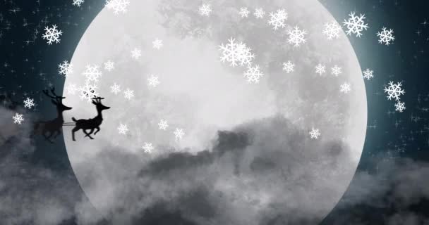 Animation Santa Claus Sleigh Reindeer Moving Moon Snowflakes Falling Christmas — Stock Video